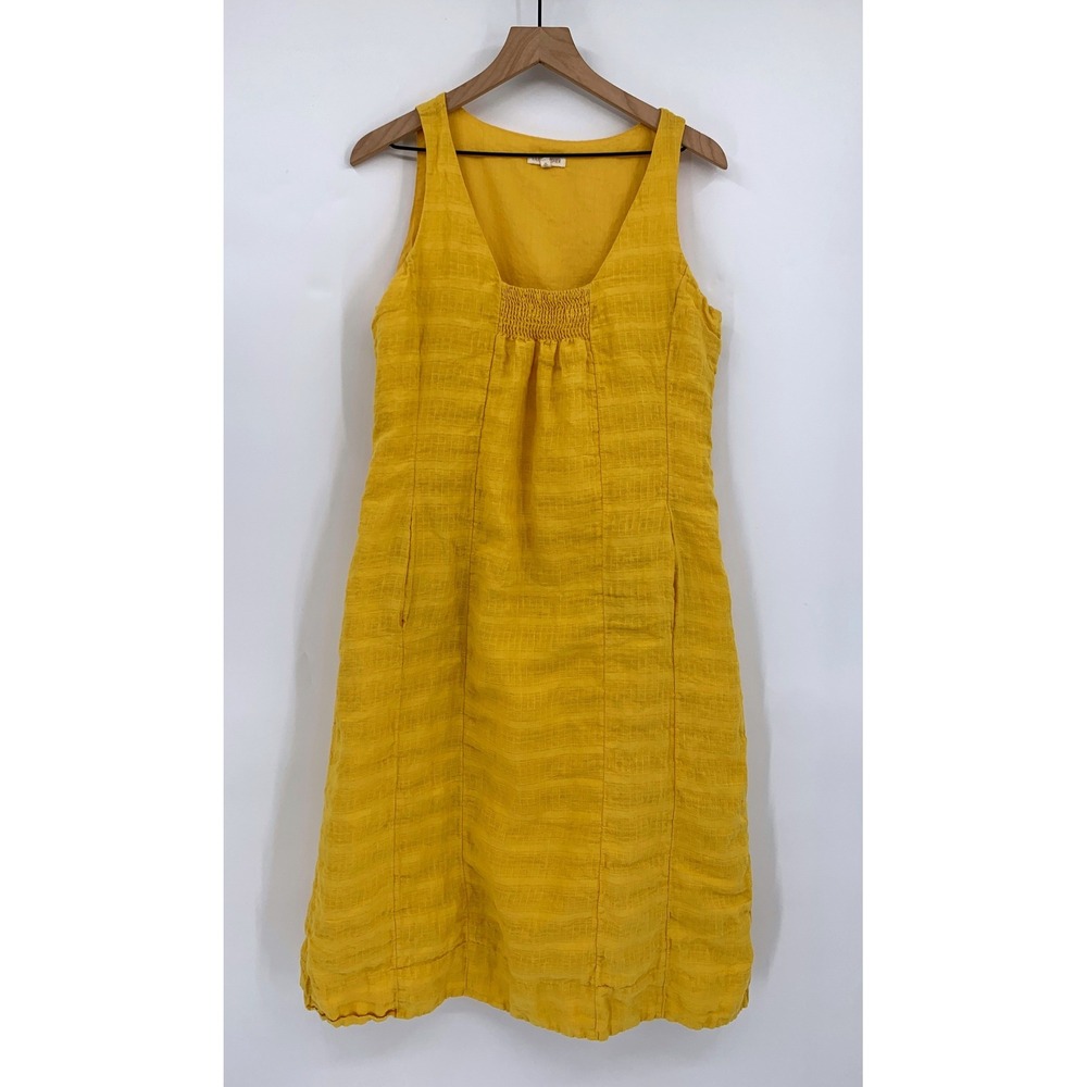 Eileen Fisher Linen Dress Womens Medium Yellow Smocked Pockets Summer Boho Midi